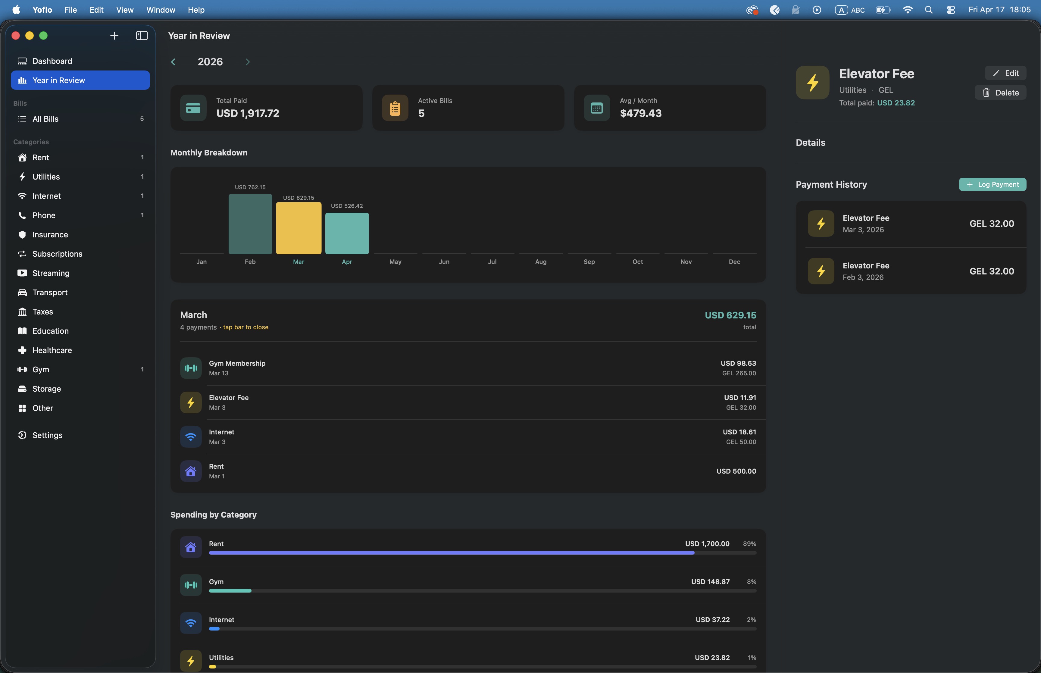 Yoflo Year in Review showing multi-currency bill breakdown